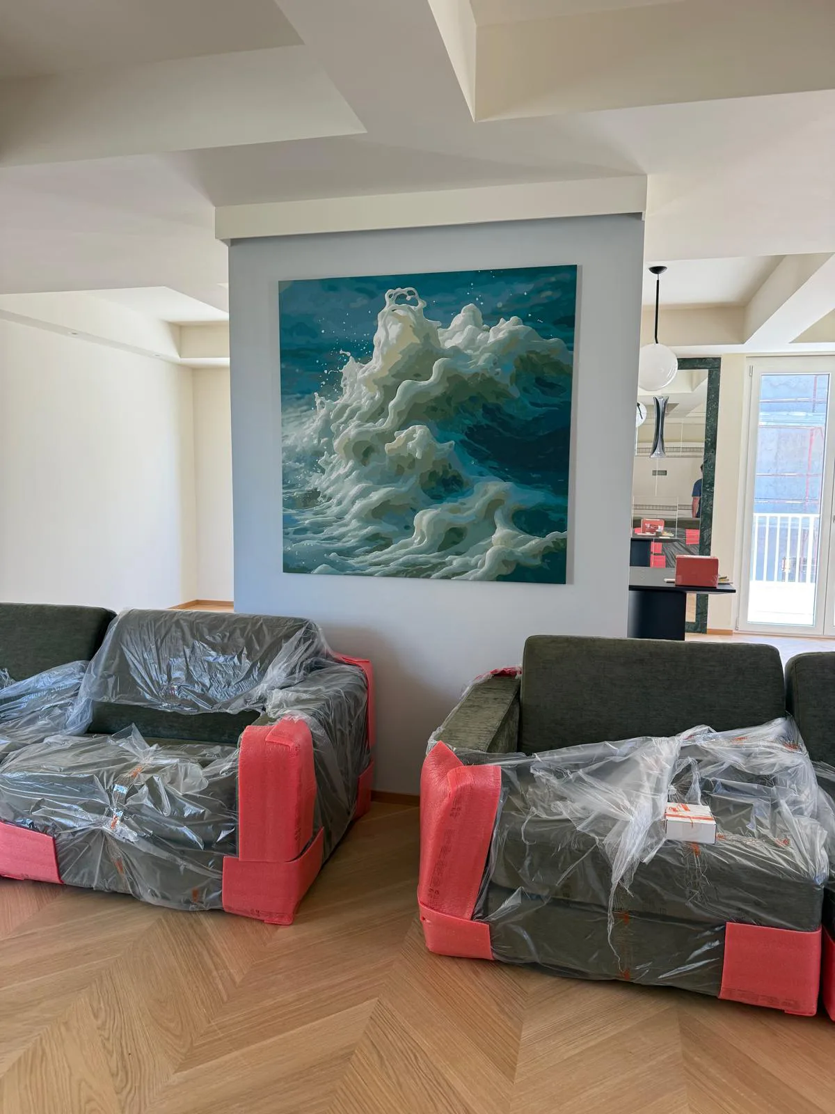 large urban painting in modern living room